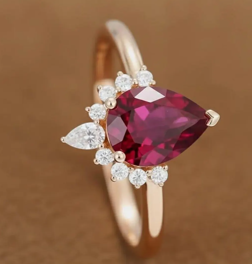 14K Gold Pear & Round Cluster Wedding Ring, Red Gemstone Solitaire Ring, Anniversary Gift Ring For Wife