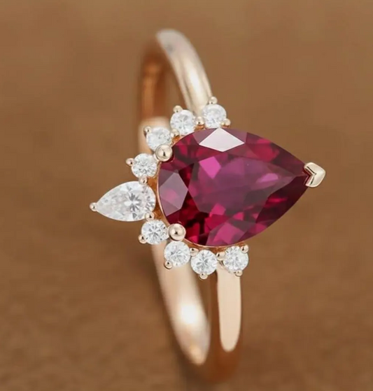 14K Gold Pear & Round Cluster Wedding Ring, Red Gemstone Solitaire Ring, Anniversary Gift Ring For Wife