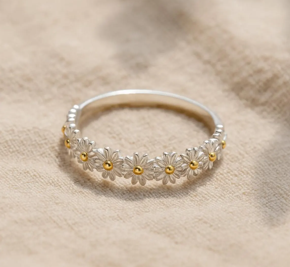 Cottagecore Daisy Flower Ring Open Band in Premium 316L Stainless Steel
